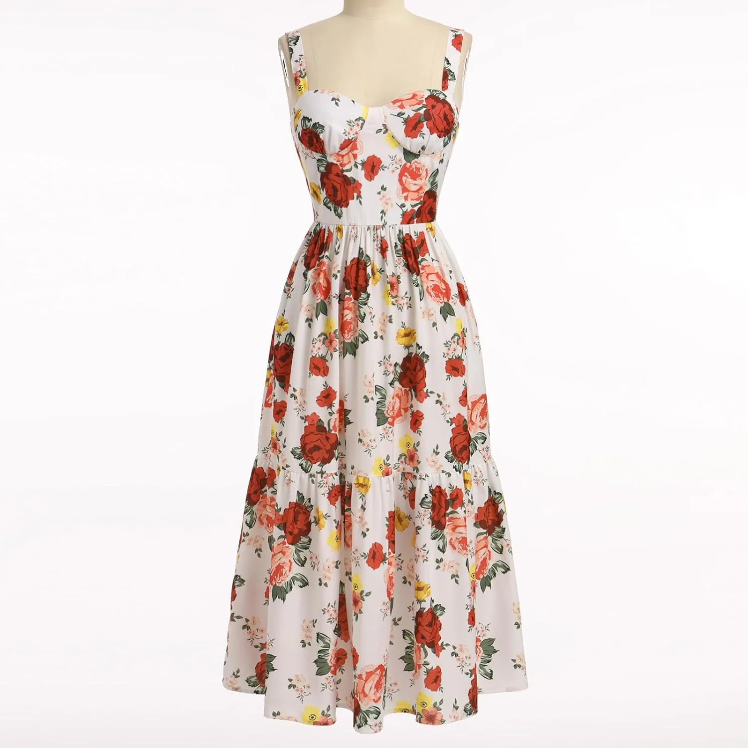 OBEEII Womens Summer Dress Boho Floral Corset Dress Spaghetti Straps Bustier Midi Dress Tiered Flowy Pocket Sundress Dress