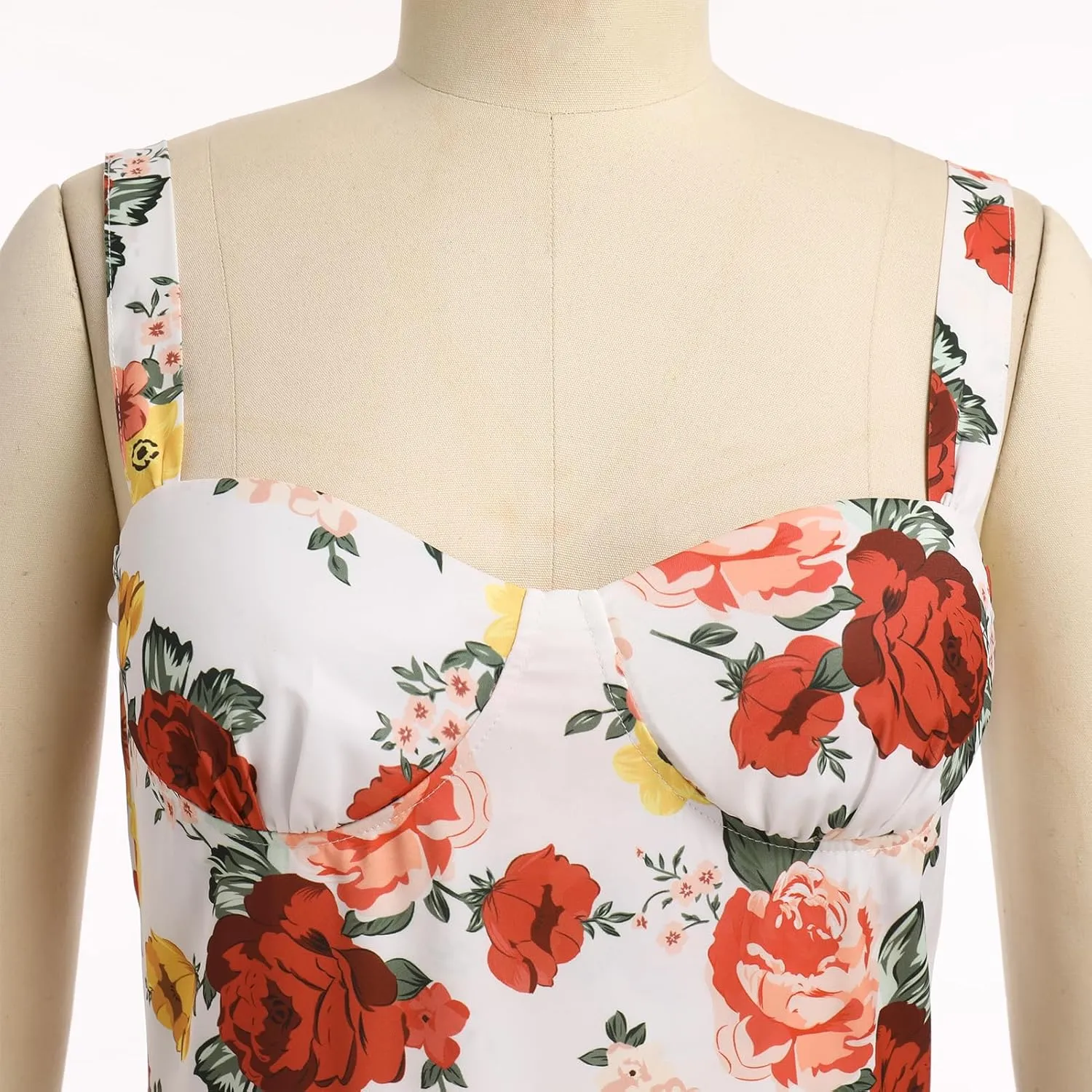 OBEEII Womens Summer Dress Boho Floral Corset Dress Spaghetti Straps Bustier Midi Dress Tiered Flowy Pocket Sundress Dress