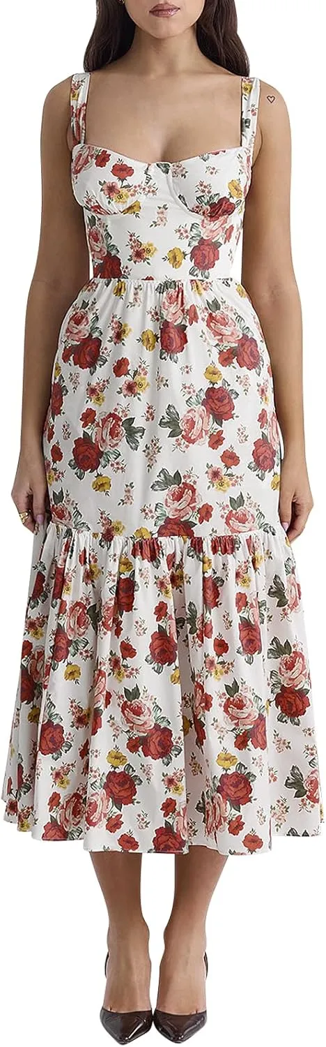 OBEEII Womens Summer Dress Boho Floral Corset Dress Spaghetti Straps Bustier Midi Dress Tiered Flowy Pocket Sundress Dress