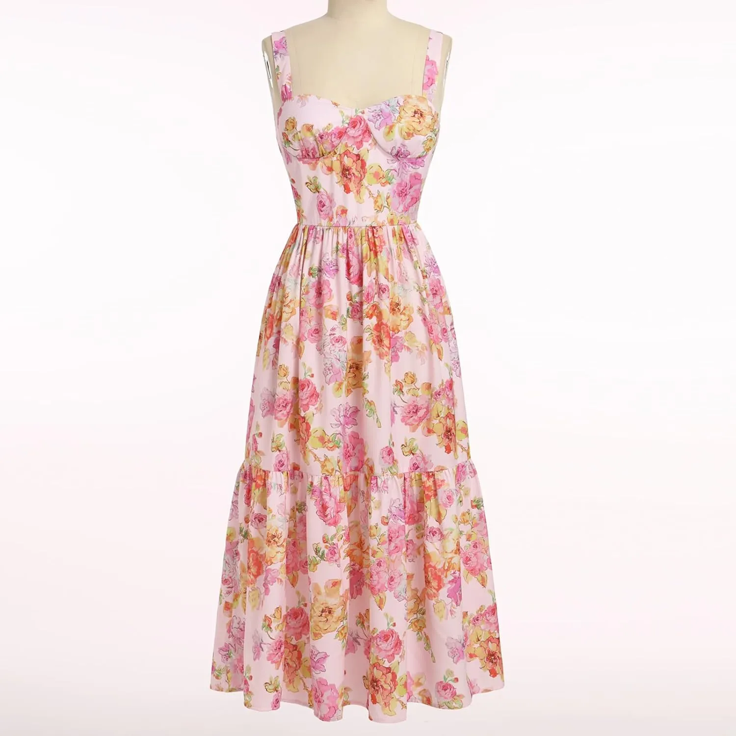 OBEEII Womens Summer Dress Boho Floral Corset Dress Spaghetti Straps Bustier Midi Dress Tiered Flowy Pocket Sundress Dress