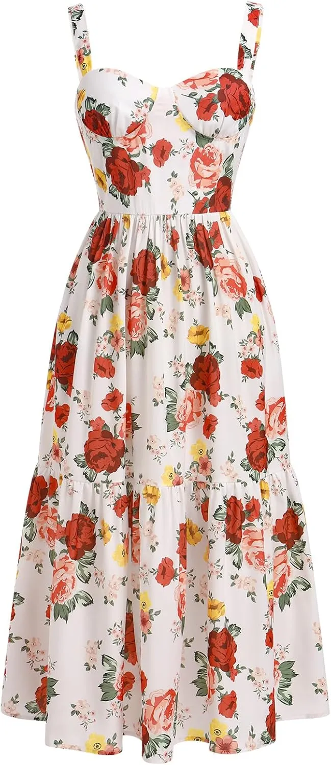 OBEEII Womens Summer Dress Boho Floral Corset Dress Spaghetti Straps Bustier Midi Dress Tiered Flowy Pocket Sundress Dress