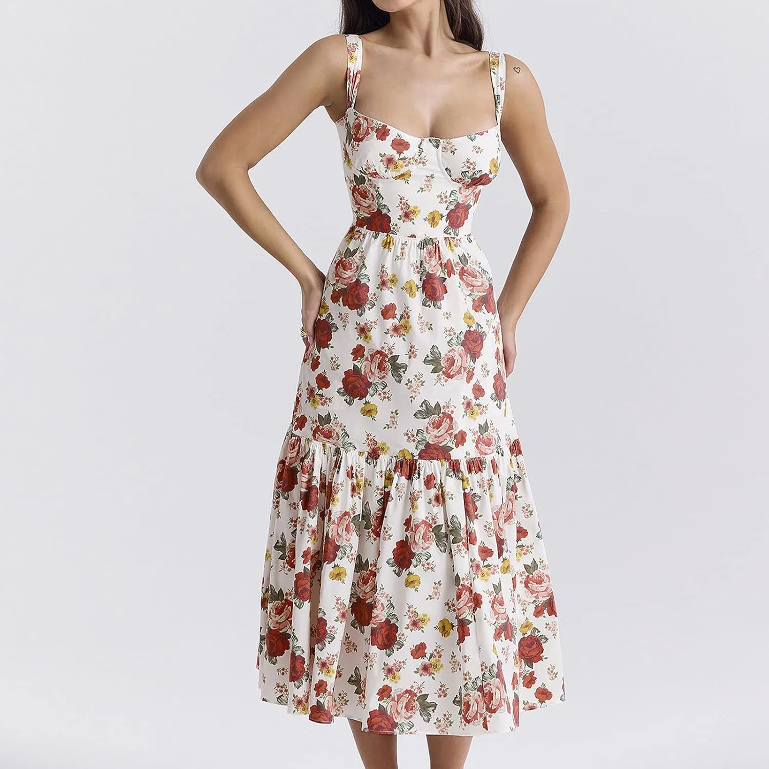 OBEEII Womens Summer Dress Boho Floral Corset Dress Spaghetti Straps Bustier Midi Dress Tiered Flowy Pocket Sundress Dress