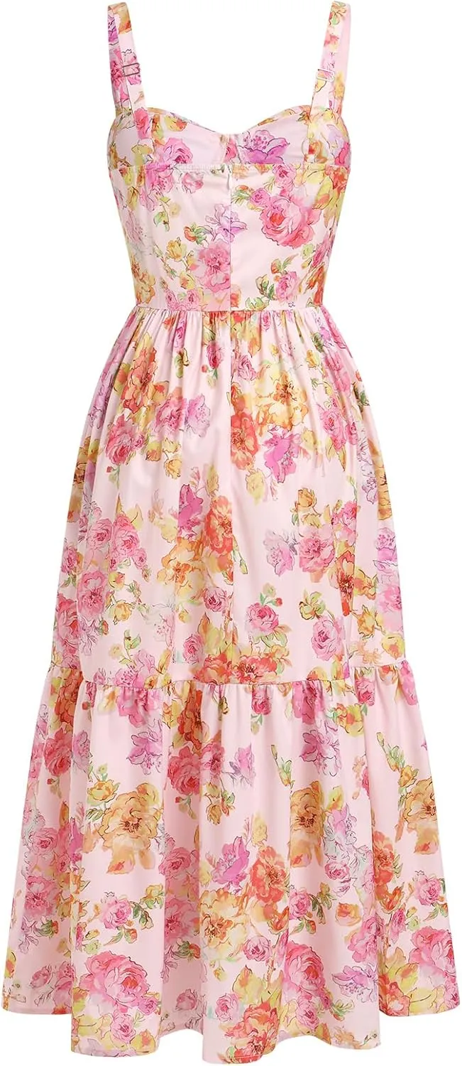OBEEII Womens Summer Dress Boho Floral Corset Dress Spaghetti Straps Bustier Midi Dress Tiered Flowy Pocket Sundress Dress