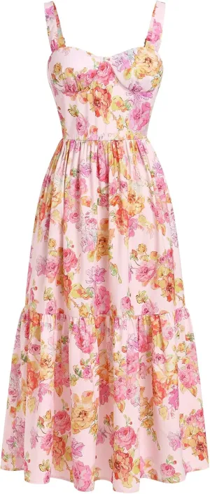 OBEEII Womens Summer Dress Boho Floral Corset Dress Spaghetti Straps Bustier Midi Dress Tiered Flowy Pocket Sundress Dress