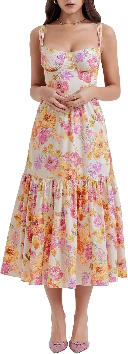 OBEEII Womens Summer Dress Boho Floral Corset Dress Spaghetti Straps Bustier Midi Dress Tiered Flowy Pocket Sundress Dress