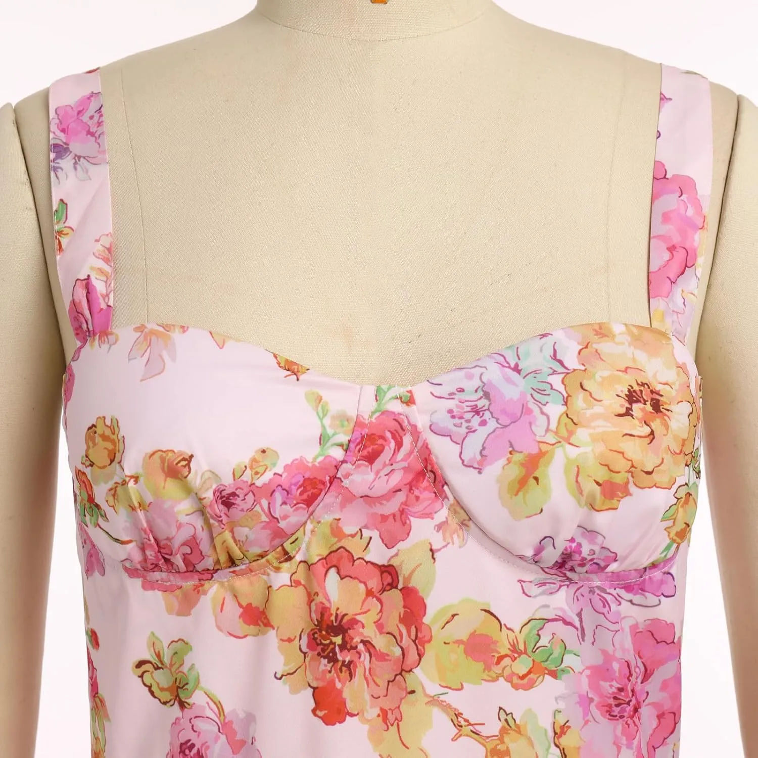 OBEEII Womens Summer Dress Boho Floral Corset Dress Spaghetti Straps Bustier Midi Dress Tiered Flowy Pocket Sundress Dress