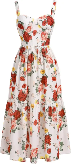 OBEEII Womens Summer Dress Boho Floral Corset Dress Spaghetti Straps Bustier Midi Dress Tiered Flowy Pocket Sundress Dress