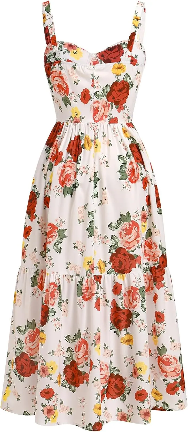 OBEEII Womens Summer Dress Boho Floral Corset Dress Spaghetti Straps Bustier Midi Dress Tiered Flowy Pocket Sundress Dress