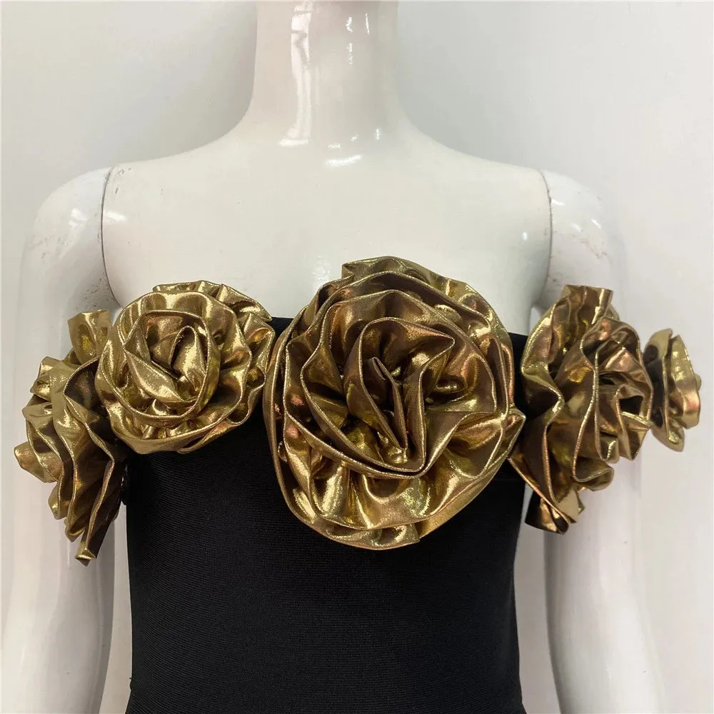Pre Order:  3D Flower Single Shoulder Slim Fit Wrap Hip Maxi Dress