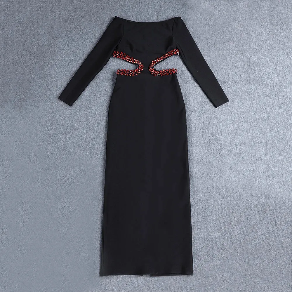 Pre Order:  Black Off-Shoulder Patchwork Hollow-Out Dress