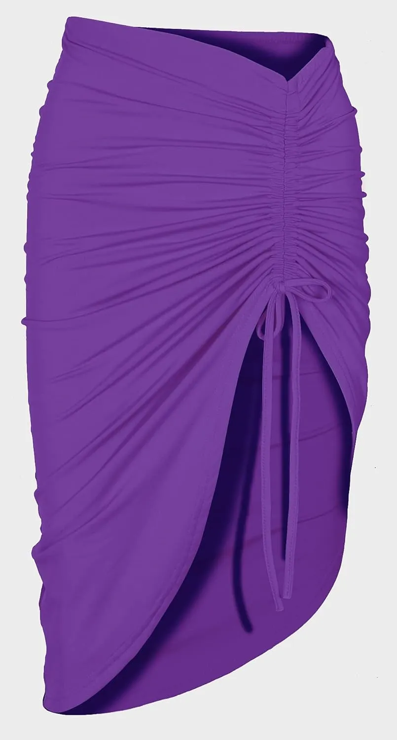 PRIMODA Women's Asymmetrical Bodycon Drawstring Ruched Midi Skirt with Thigh High Slit
