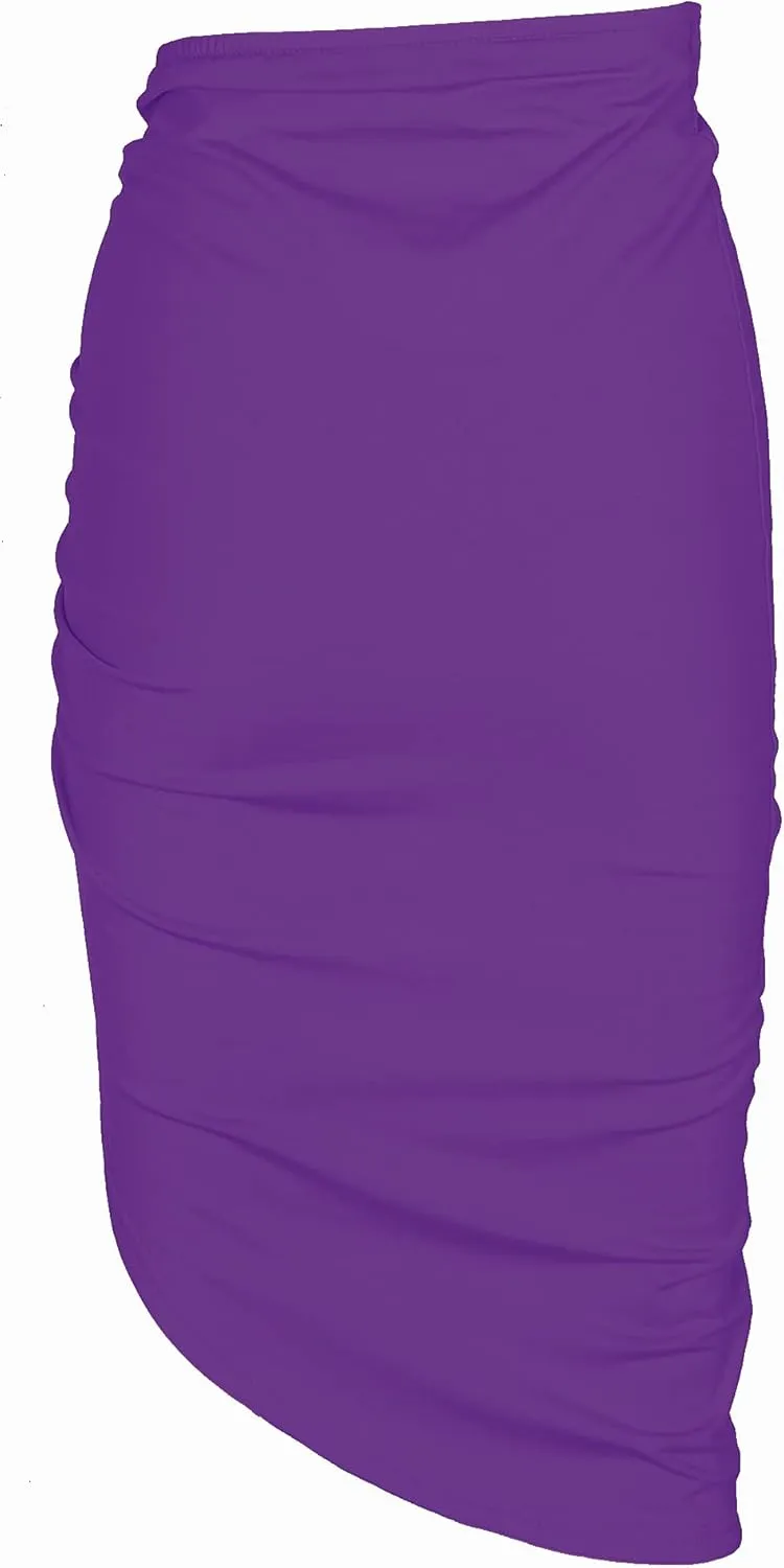 PRIMODA Women's Asymmetrical Bodycon Drawstring Ruched Midi Skirt with Thigh High Slit
