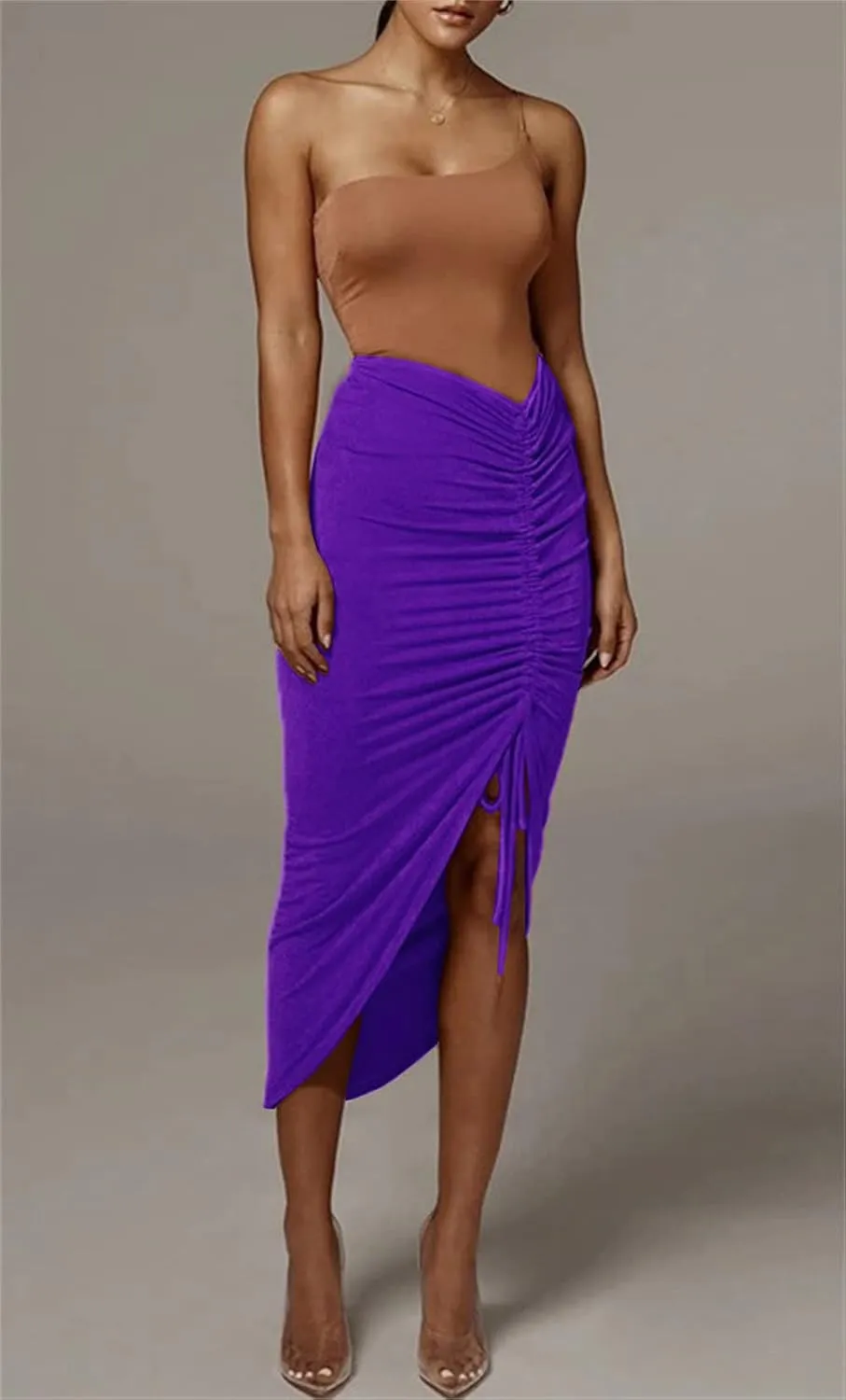 PRIMODA Women's Asymmetrical Bodycon Drawstring Ruched Midi Skirt with Thigh High Slit