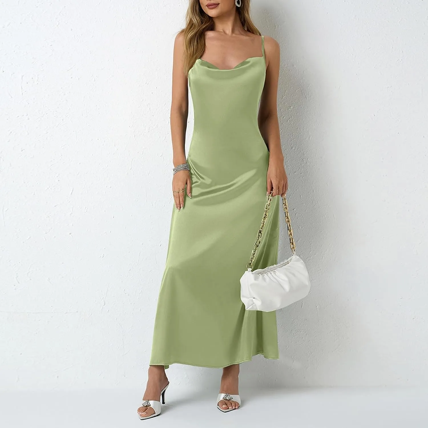 Satin Cocktail Dresses for Women 2025 Long Maxi Coctail Slip Dress Sleeveless Cowl Neck Adjustable Spaghetti Strap Dress