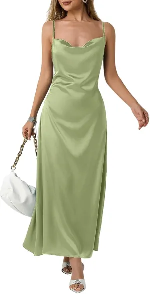 Satin Cocktail Dresses for Women 2025 Long Maxi Coctail Slip Dress Sleeveless Cowl Neck Adjustable Spaghetti Strap Dress
