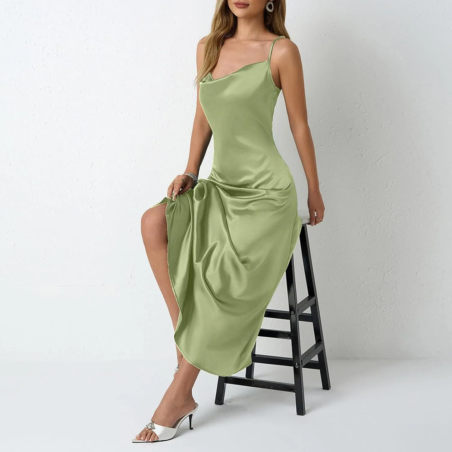 Satin Cocktail Dresses for Women 2025 Long Maxi Coctail Slip Dress Sleeveless Cowl Neck Adjustable Spaghetti Strap Dress