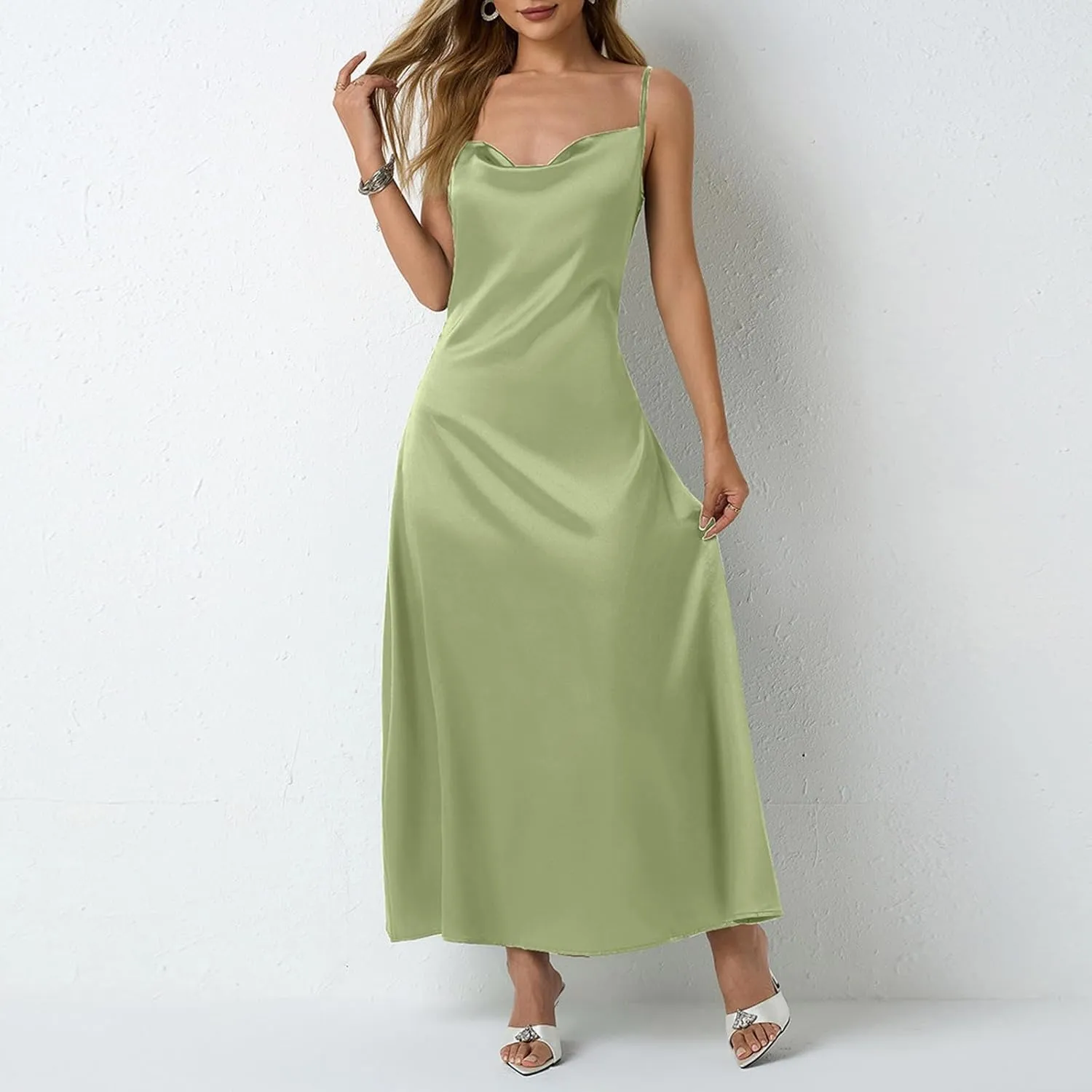Satin Cocktail Dresses for Women 2025 Long Maxi Coctail Slip Dress Sleeveless Cowl Neck Adjustable Spaghetti Strap Dress