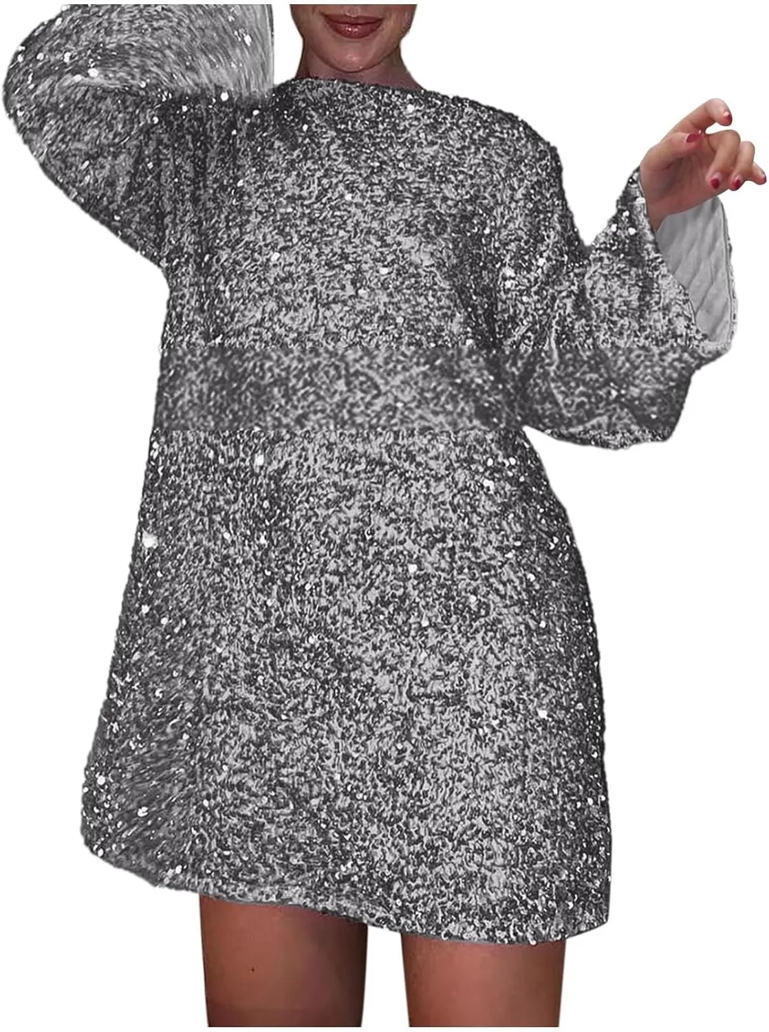 Sequin Dress for Women Long Sleeve Sparkly Dresses Back Petersham Ribbon Bow Party Night Out Club Festival Mini Dress