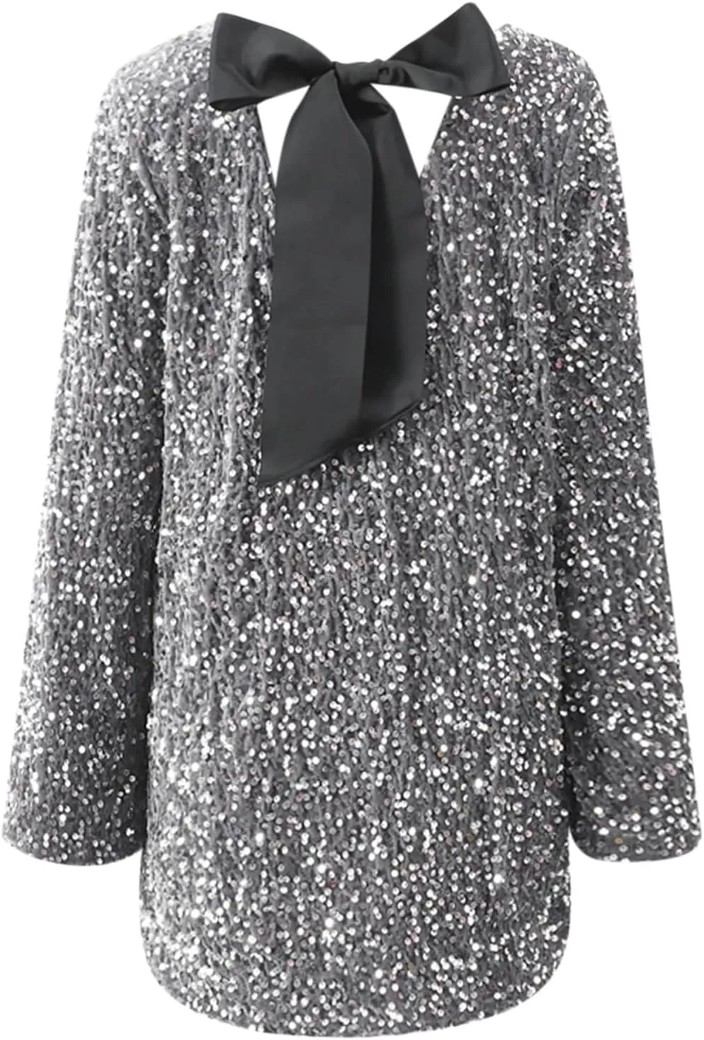 Sequin Dress for Women Long Sleeve Sparkly Dresses Back Petersham Ribbon Bow Party Night Out Club Festival Mini Dress