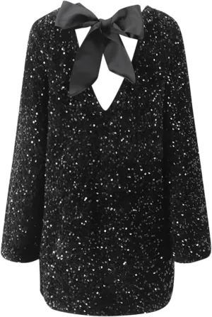 Sequin Dress for Women Long Sleeve Sparkly Dresses Back Petersham Ribbon Bow Party Night Out Club Festival Mini Dress