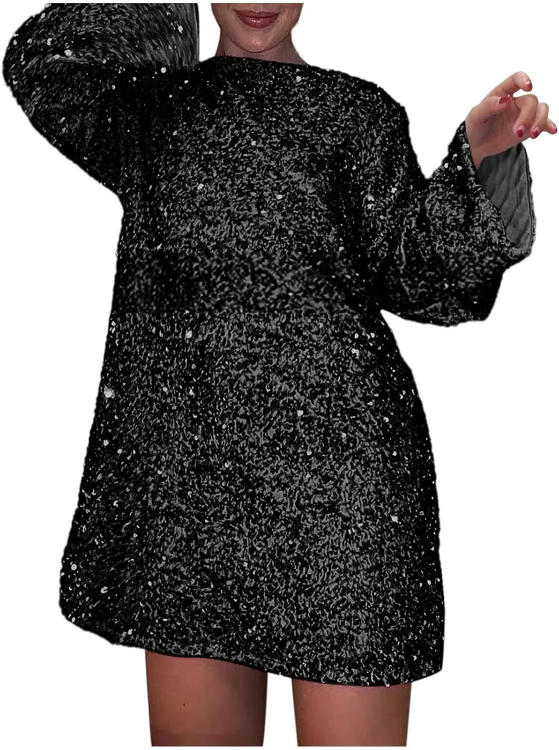 Sequin Dress for Women Long Sleeve Sparkly Dresses Back Petersham Ribbon Bow Party Night Out Club Festival Mini Dress