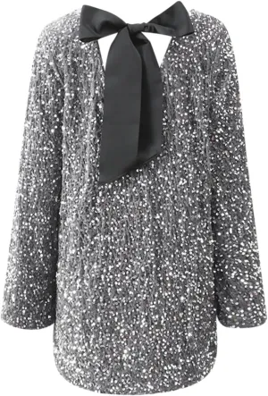 Sequin Dress for Women Long Sleeve Sparkly Dresses Back Petersham Ribbon Bow Party Night Out Club Festival Mini Dress
