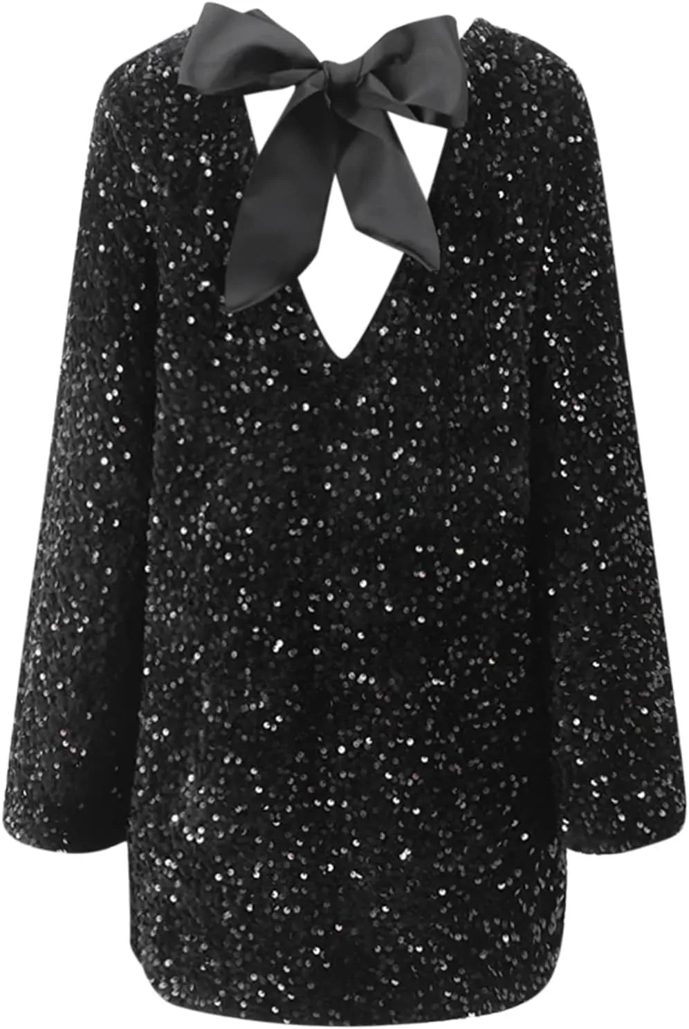 Sequin Dress for Women Long Sleeve Sparkly Dresses Back Petersham Ribbon Bow Party Night Out Club Festival Mini Dress