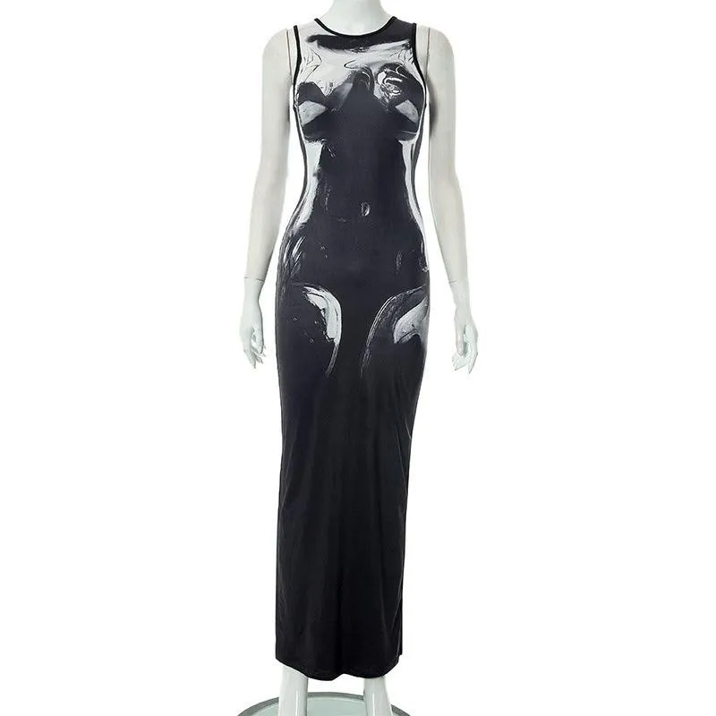 Slim Fit Sleeveless Printed Long Dress