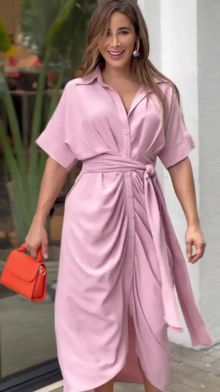 utcoco Women's Summer Ruched Button Down Shirt Dresses Flowy Casual Tie Waist Short Sleeve Maxi Shirt Dress