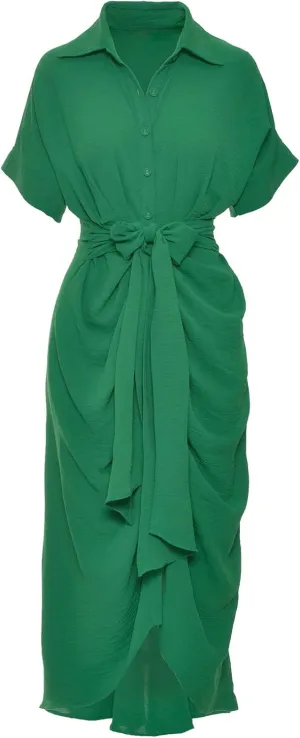 utcoco Women's Summer Ruched Button Down Shirt Dresses Flowy Casual Tie Waist Short Sleeve Maxi Shirt Dress