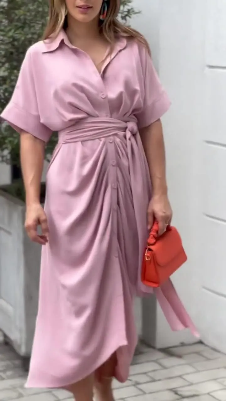 utcoco Women's Summer Ruched Button Down Shirt Dresses Flowy Casual Tie Waist Short Sleeve Maxi Shirt Dress