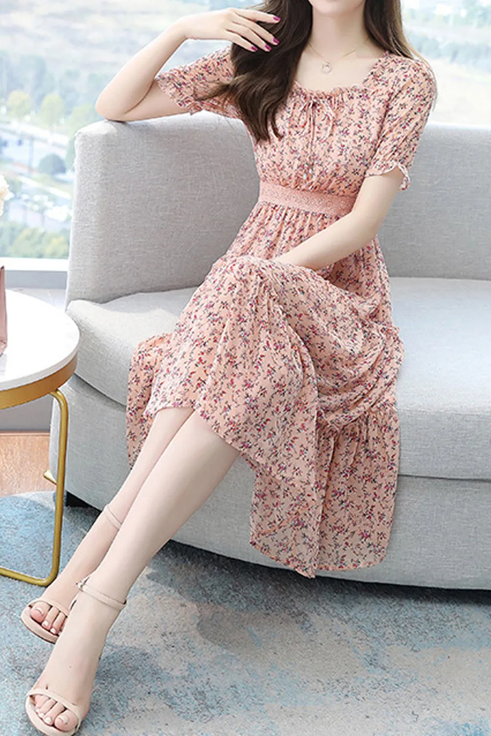 Women Beautiful Floral Pattern Square Neck Short Sleeve Knee Length Chiffon Casual Dress - WDC14565