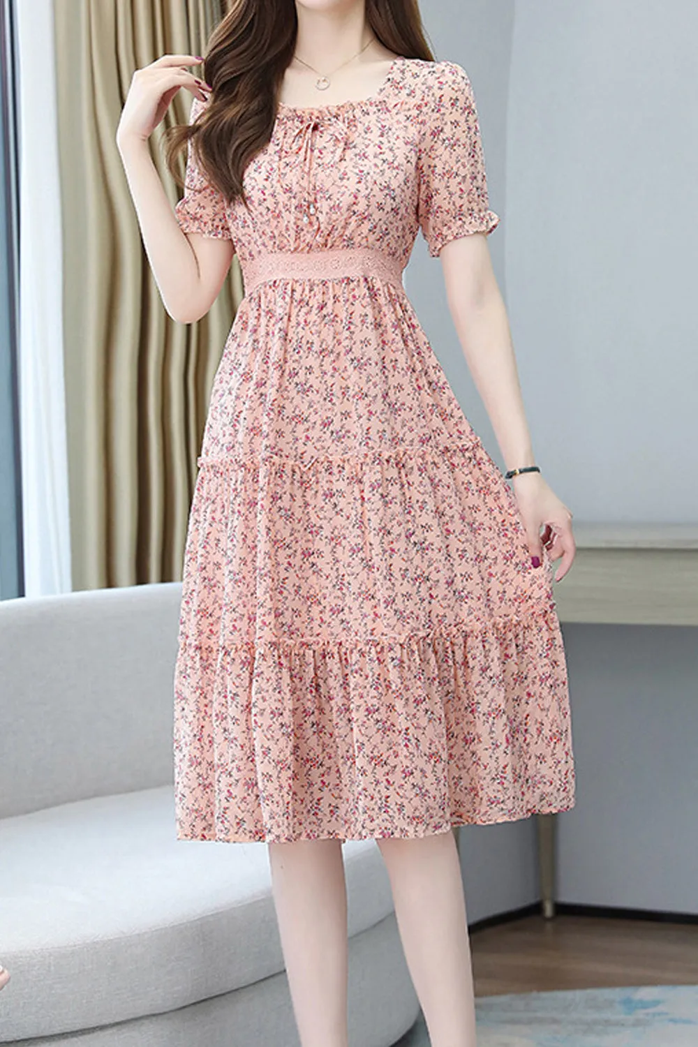Women Beautiful Floral Pattern Square Neck Short Sleeve Knee Length Chiffon Casual Dress - WDC14565