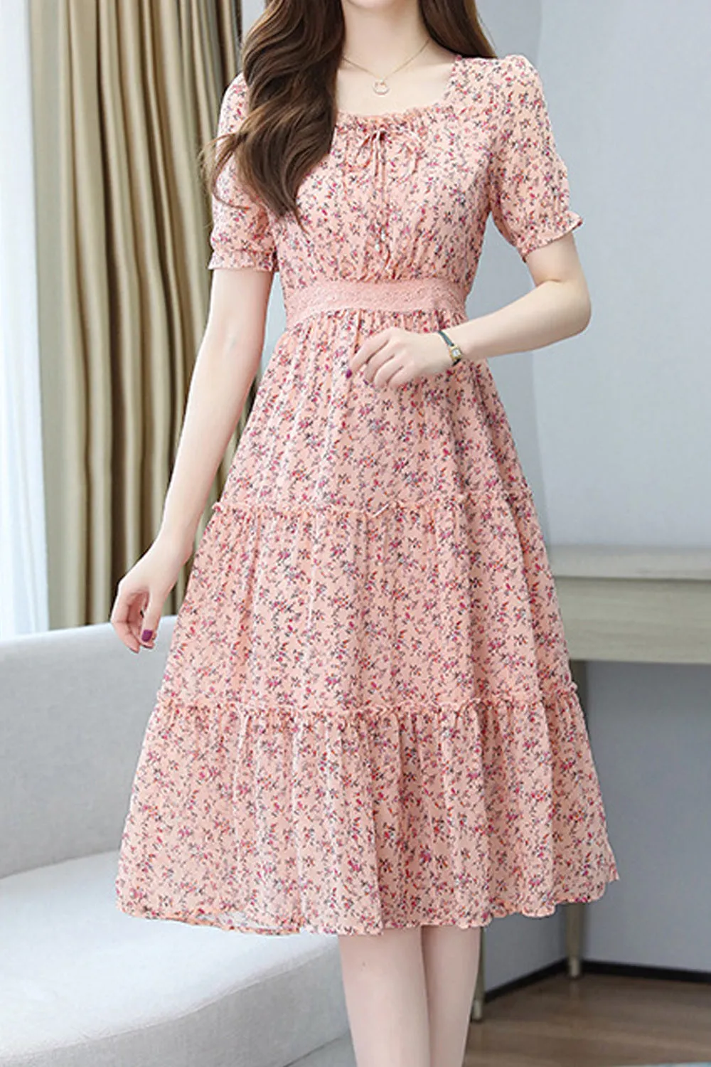 Women Beautiful Floral Pattern Square Neck Short Sleeve Knee Length Chiffon Casual Dress - WDC14565