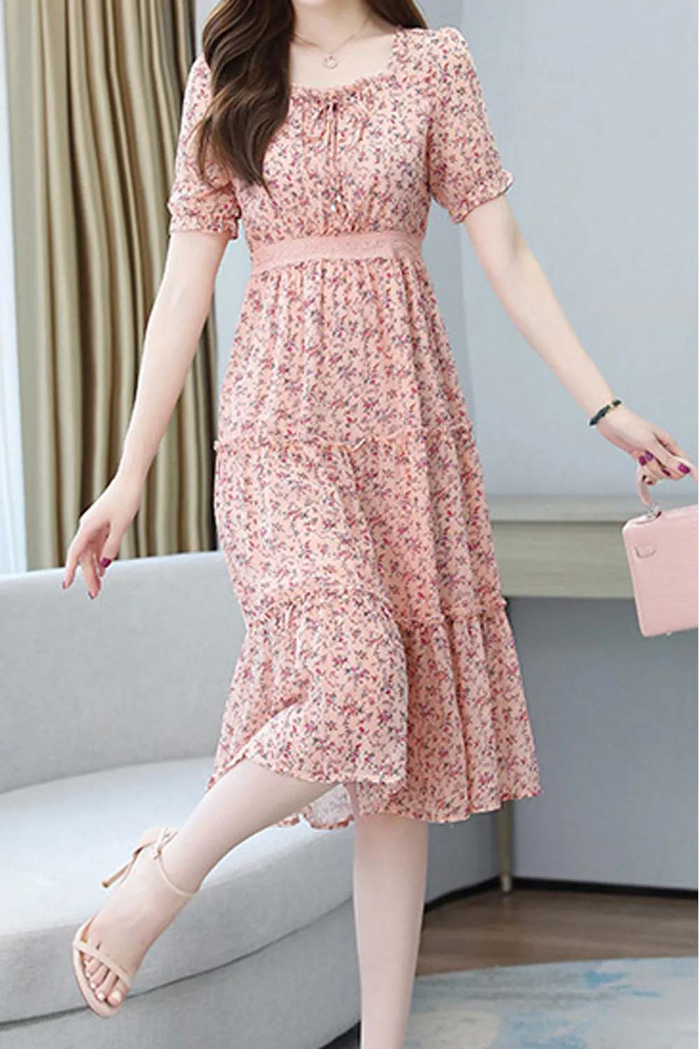 Women Beautiful Floral Pattern Square Neck Short Sleeve Knee Length Chiffon Casual Dress - WDC14565
