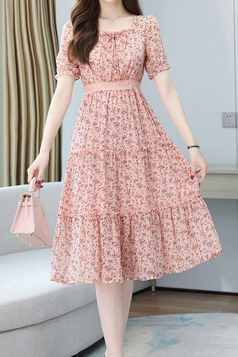 Women Beautiful Floral Pattern Square Neck Short Sleeve Knee Length Chiffon Casual Dress - WDC14565