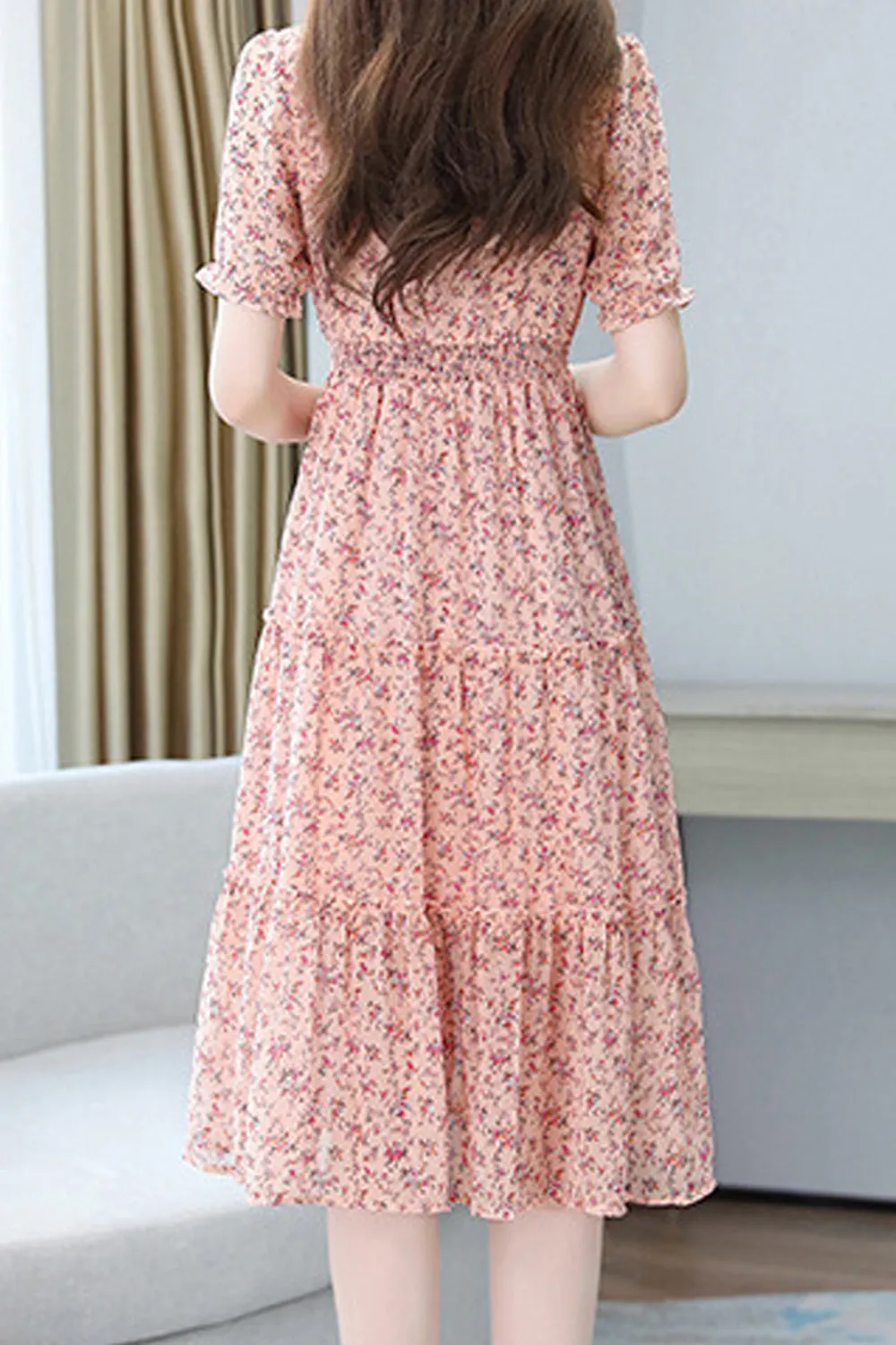Women Beautiful Floral Pattern Square Neck Short Sleeve Knee Length Chiffon Casual Dress - WDC14565