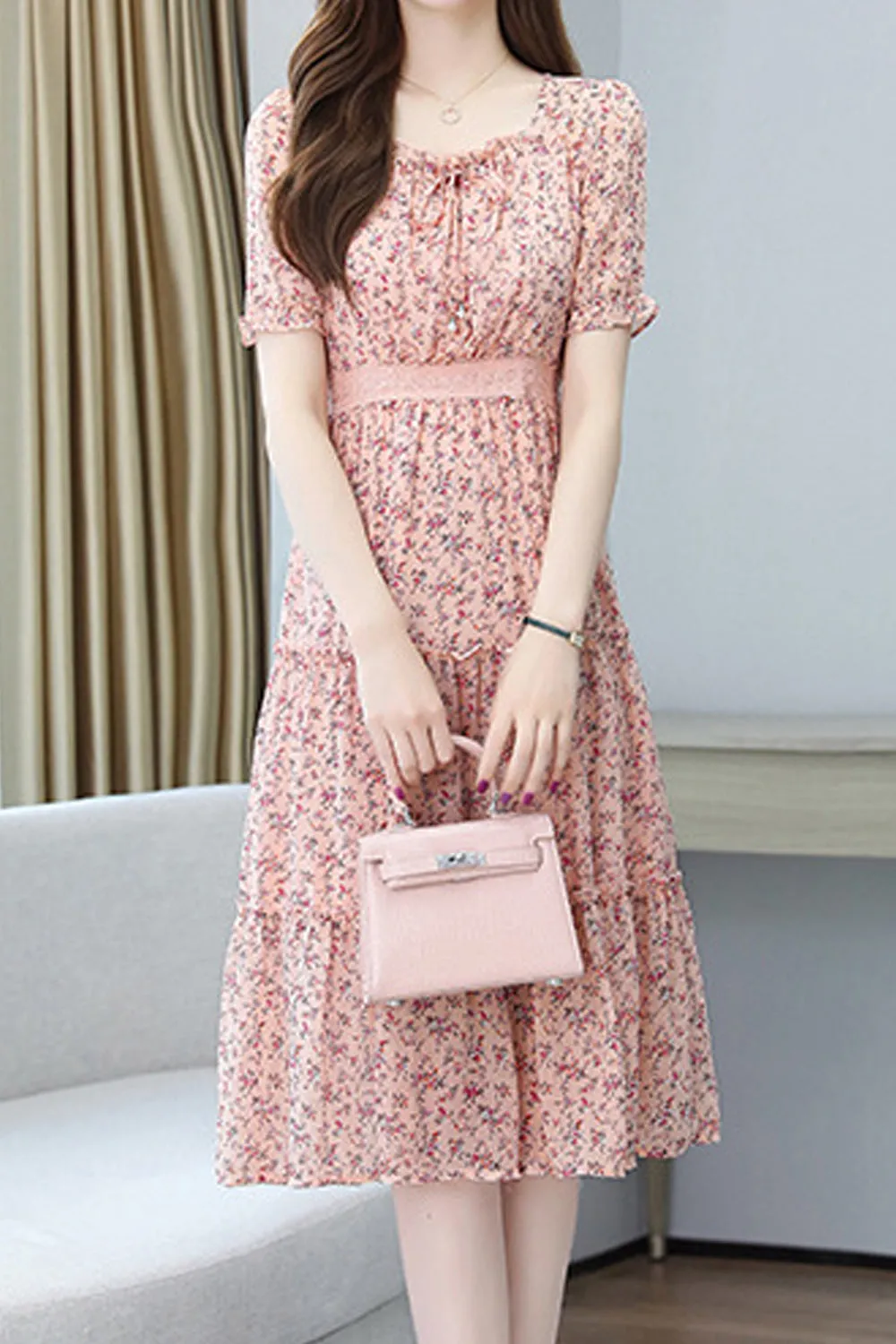 Women Beautiful Floral Pattern Square Neck Short Sleeve Knee Length Chiffon Casual Dress - WDC14565