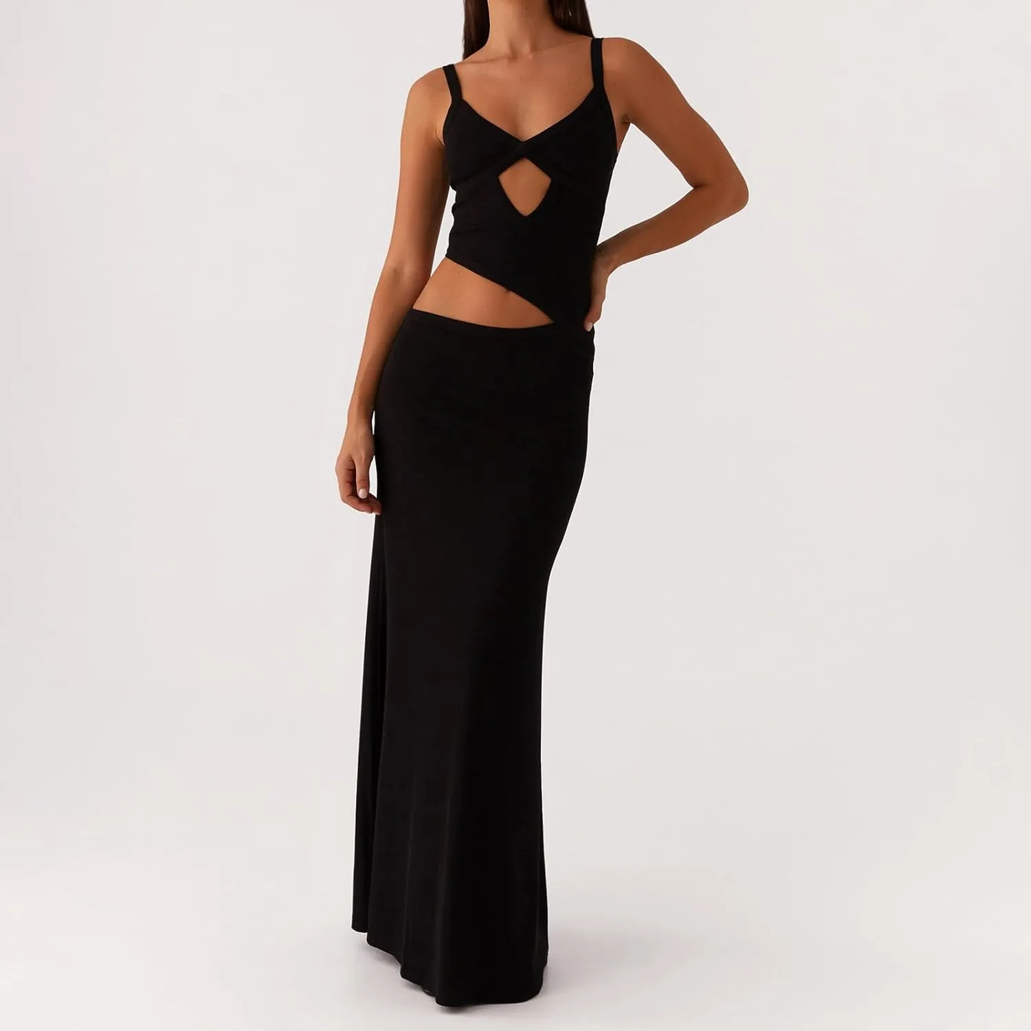 Women Cut Out Maxi Dress Sleeveless Spaghetti Strap V Neck Backless Summer Bodycon Long Dress Party Dress