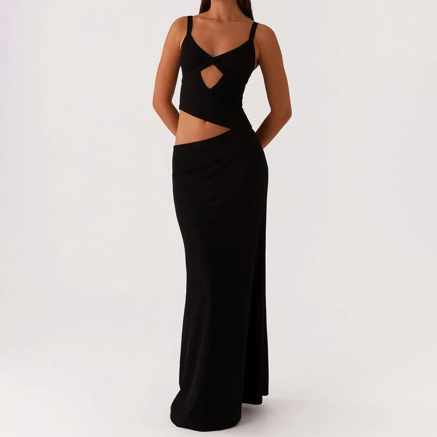 Women Cut Out Maxi Dress Sleeveless Spaghetti Strap V Neck Backless Summer Bodycon Long Dress Party Dress
