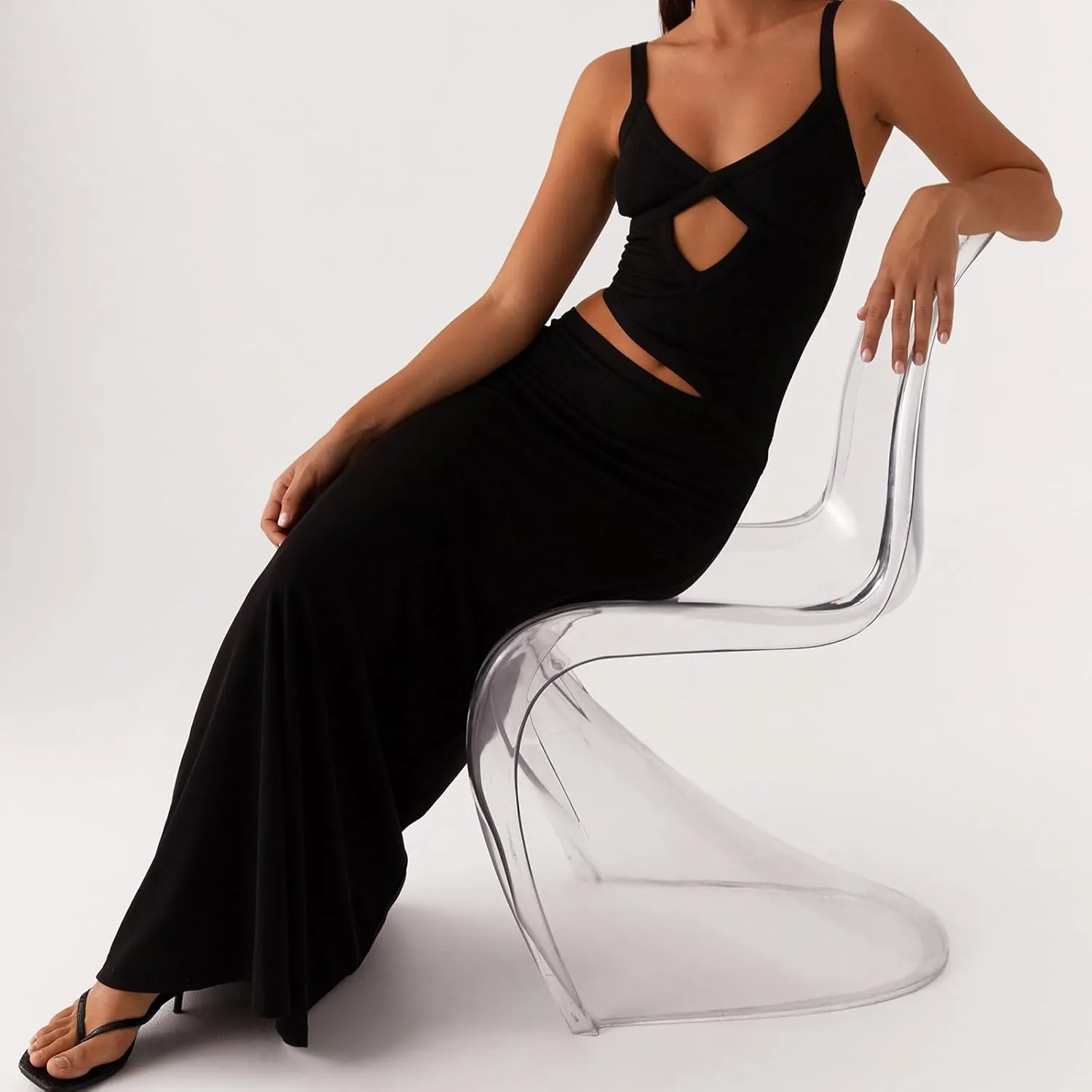 Women Cut Out Maxi Dress Sleeveless Spaghetti Strap V Neck Backless Summer Bodycon Long Dress Party Dress