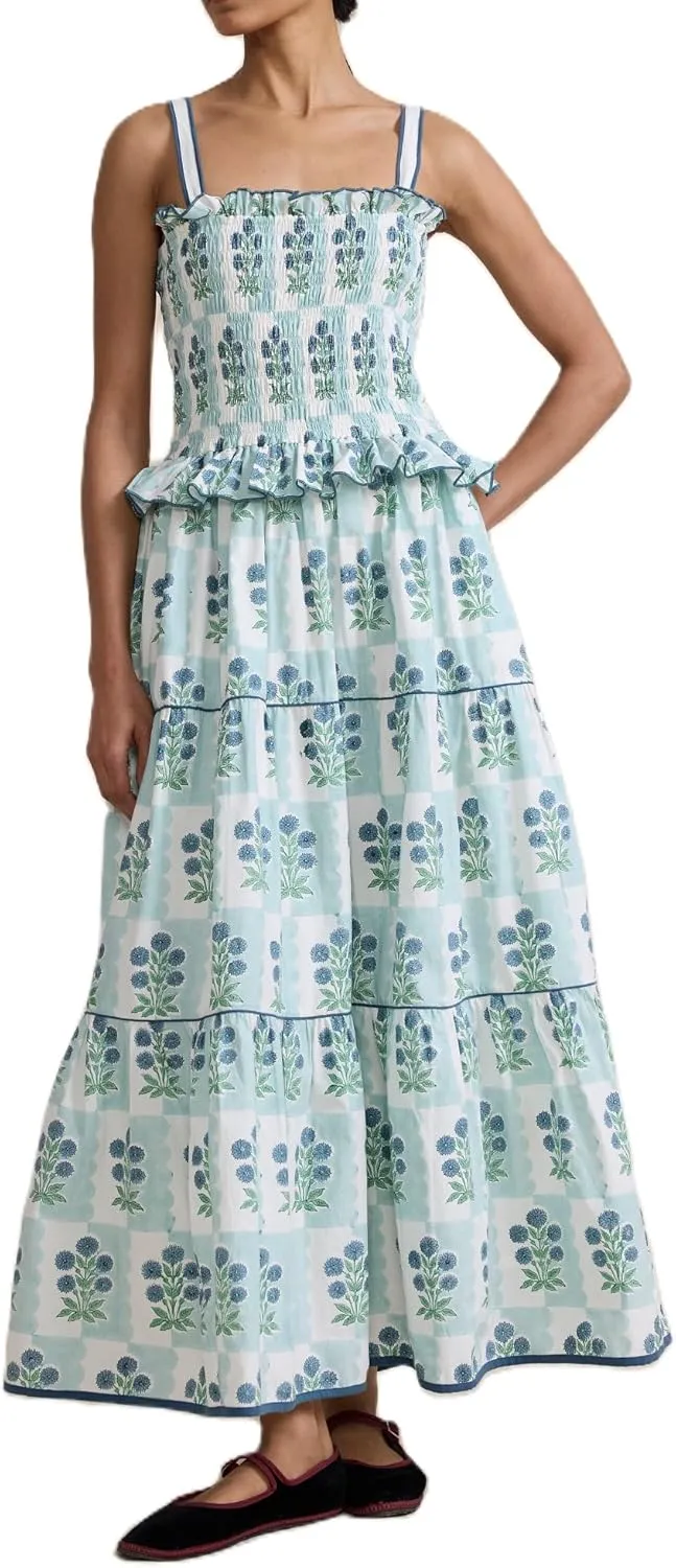 Women Floral Boho Maxi Dress Graphic Spaghetti Strap Long Dress Tiered Flowy Cami Dress Backless Beach Dress