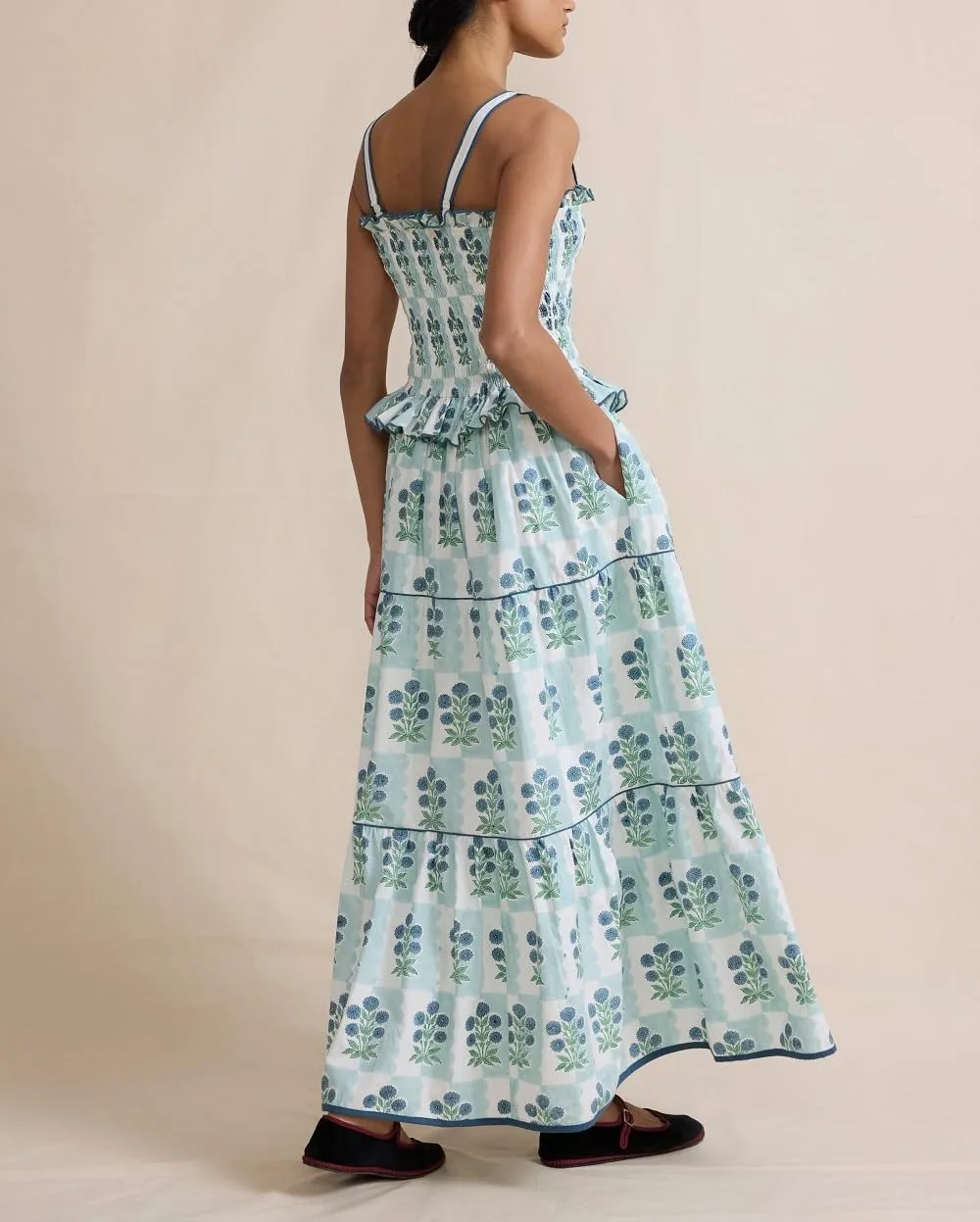 Women Floral Boho Maxi Dress Graphic Spaghetti Strap Long Dress Tiered Flowy Cami Dress Backless Beach Dress