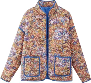 Women Floral Quilted Puffer Jacket Cropped Lightweight Patchwork Vintage Padded Short Coat Outerwear O Collar Jackets