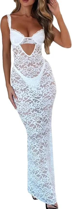 Women Sexy Lace Floral Fitted Dress Sleeveless Spaghetti Strap See Through Maxi Dress Cocktail Evening Party Dress