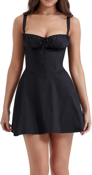 Women Sexy Lace Satin Mini Dress Spaghetti Strap Square Neck Dress Backless A line Bodycon Dress Cami Party Dress