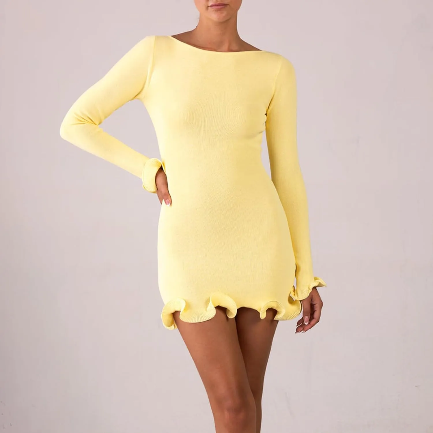 Women Y2k Long Sleeve Knit Mini Dress - Vintage Slim Fit Rolled Edge Fairy Grunge Bodycon Party Dress Clubwear