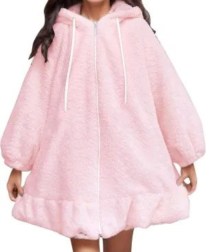 Womens 2024 Cute Zip Drawstring Fleece Coat Long Sleeve with Bunny Hood Outwear Casual Warm Soft Overcoat Home Clothes