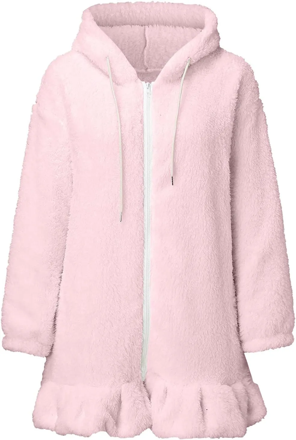 Womens 2024 Cute Zip Drawstring Fleece Coat Long Sleeve with Bunny Hood Outwear Casual Warm Soft Overcoat Home Clothes