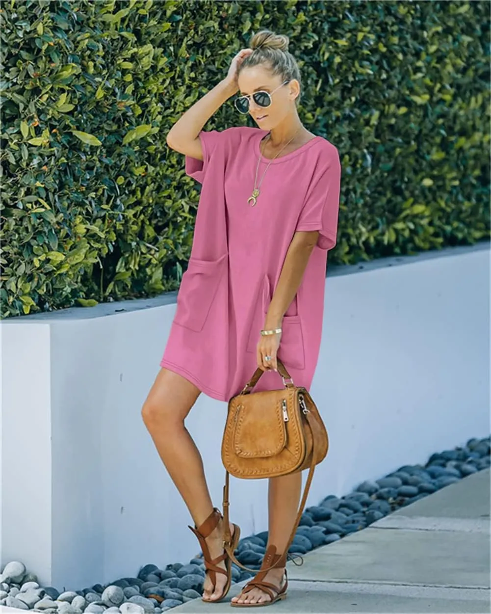 Women’s Casual Summer T Shirt Dress Elastic Loose Short Sleeve Dress with Pocket for Women